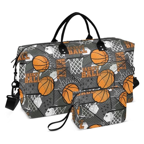 Grunge Sports Basketballspieler, modern, grau, Reisetasche, Übernachtungstasche, großer Turnbeutel mit Kulturbeutel für Trekking, Grunge Sports Basketballspieler, modern, grau, Set of 2, Art Deco von Yuiboo