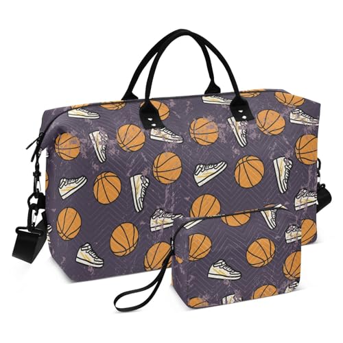 Grunge Textures Basketballtasche, groß, zum Tragen auf der Schulter, Wochenend-Tragetasche, Sporttasche, Turnbeutel mit verstellbarer Größe, Grunge Texturen Basketball lila, Set of 2, Art Deco von Yuiboo