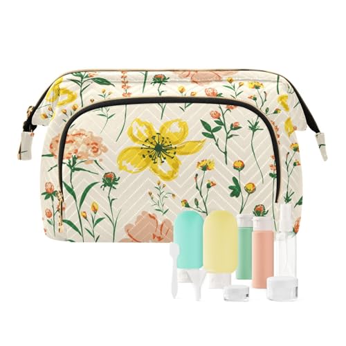 Kulturbeutel mit zartem blühendem Blumenmotiv, leicht, Kulturbeutel, Reisetasche, Geldtasche für Toilettenartikel, Organizer, Zartes blühendes Blumengelb, 1 size, Art Deco von Yuiboo