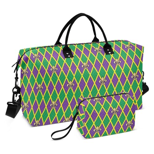 Mardi Gras Gold Fleur de Lis Große Tasche Weekender Bag Sport Turnbeutel mit Kulturbeutel für Sport Große Kapazität, Mardi Gras Gold Fleur de Lis, Set of 2, Art Deco von Yuiboo