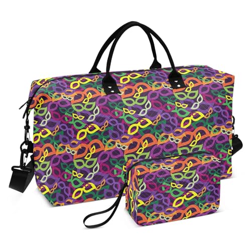 Mardi Gras Karnevals-Handtasche, bunte Masken, Reisetasche, Tragetasche, Sporttasche, Turnbeutel mit Kulturbeutel für Fitnessstudio, Bunte Masken für Karneval, Set of 2, Art Deco von Yuiboo