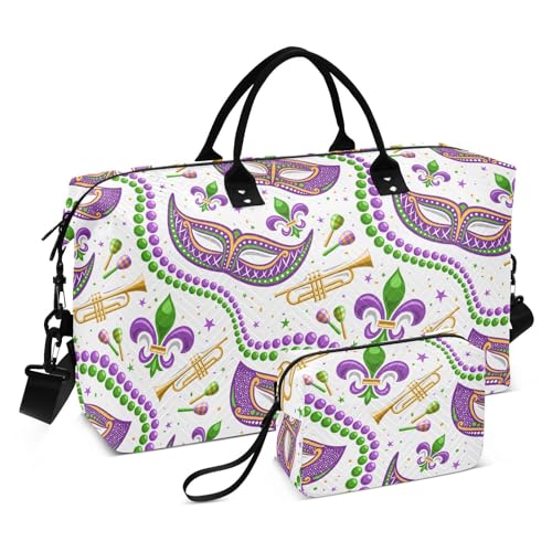 Mardi Gras Reisetasche mit violetten Perlen, Musikinstrument, Reisetasche, Schultertasche, Wochenendtasche, Übernachtungstasche, Workout-Tasche mit lila Perlen, Mardi Gras lila Perlen Maske von Yuiboo