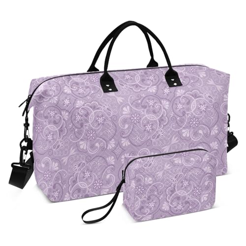 Reisetasche, Wochenendtasche, Turnbeutel mit verstellbarem Riemen, für Reisen, großes Fassungsvermögen, Violett, Violettes Blumendesign, Set of 2, Art Deco von Yuiboo