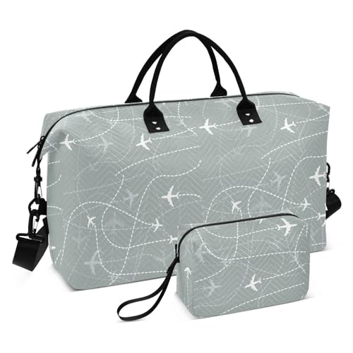 Reisetasche für Kinder, Flugzeug, Grau, Schultertasche, Wochenendtasche, Übernachtungstasche, Sport-Trainingstasche mit Kulturbeutel für, Flugzeug Childlish grau, Set of 2, Art Deco von Yuiboo