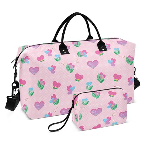 Reisetasche für Übernachtung, Valentinstag, niedliche Blumen, Herzen, Rosa, für Reisen, Übernachtung, Handgepäcktasche, großer Turnbeutel mit, Valentinstag süße Blumen Herzen rosa, Set of 2, Art Deco von Yuiboo