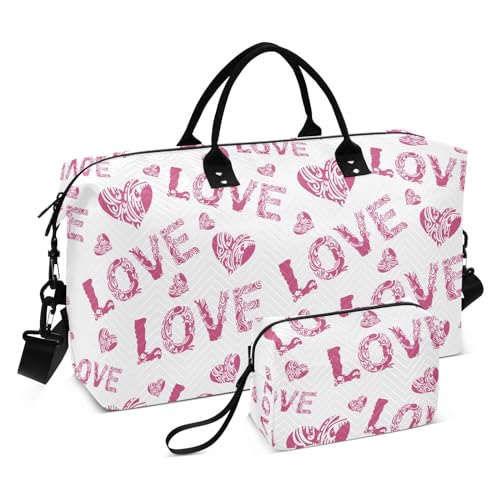 Reisetasche für die Nacht, Valentinstag, lustige Liebe, rote Herzen, romantische Wochenendtasche, Reisetasche, Turnbeutel mit Kulturbeutel, Valentinstag lustige Liebe rote Herzen romantisch, Set of 2, von Yuiboo