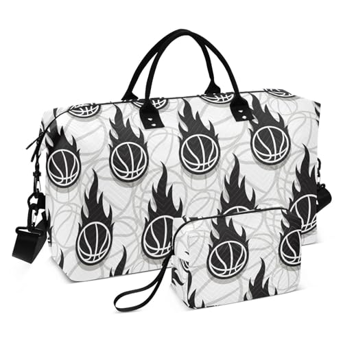 Reisetasche mit Basketball und klassischen Flammen in Schwarz / Weiß, groß, Handgepäck, Flughafentasche, Turnbeutel mit Kulturbeutel, Basketball und klassische Flammen schwarz weiß, Set of 2, Art Deco von Yuiboo