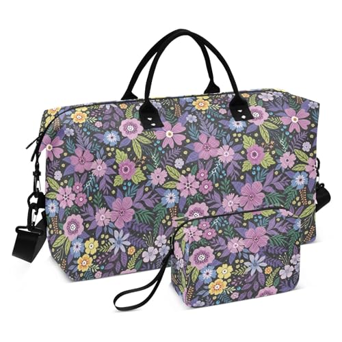 Reisetasche mit Blumenmuster, Wochenendtasche, Sporttasche, Kulturbeutel, für Trekking, wasserdicht, Violett, Violettes Bauernhaus mit Blumenmuster, Set of 2, Art Deco von Yuiboo