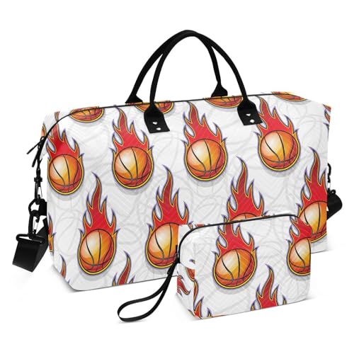 Reisetasche mit brennenden Basketball-Flammen, lila-weiß, Reisetasche, Übernachtungstasche, Sporttasche, Turnbeutel mit Kulturbeutel für, Burning Basketball Flames Purple White, Set of 2, Art Deco von Yuiboo