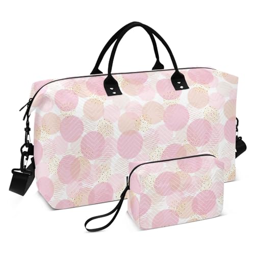 Reisetasche mit geometrischen Punkten, Babyrosa Kreise, Wochenendtasche, Übernachtungstasche, Turnbeutel mit Kulturbeutel für Reisen, Babyrosa Kreise, geometrische Punkte, Set of 2, Art Deco von Yuiboo