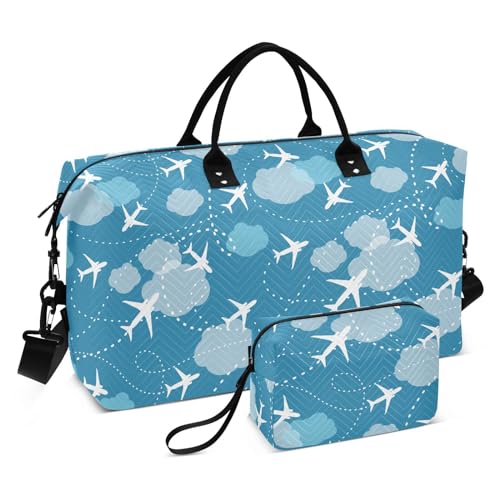 Reisetasche mit weißem Flugzeug, blau, Weekender, Seesack, groß, Turnbeutel mit Kulturbeutel für Workout, faltbar, Weißes Flugzeugblau, Set of 2, Art Deco von Yuiboo