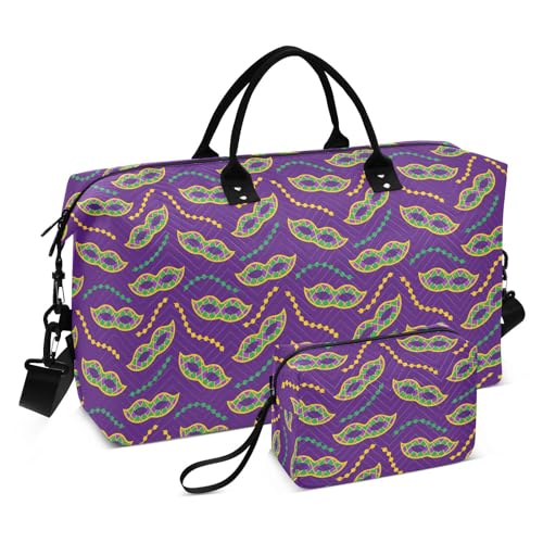 Seesack für Karneval, Karneval, Masken, Perlen, Violett, Fat Tuesday, Seesack, Weekender, Seesack, Sporttasche, Turnbeutel mit Kulturbeutel, Karnevalsmasken Perlen lila Fat Tuesday, Set of 2, Art Deco von Yuiboo