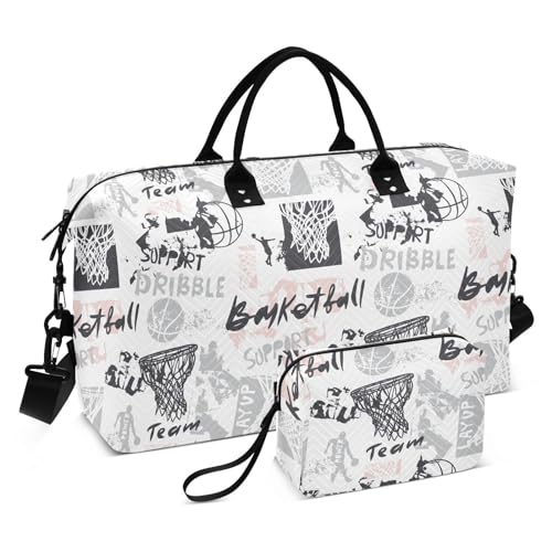 Sporttasche mit Basketballkorb, grau-weiß, Schultertasche, Wochenendtasche, Übernachtungstasche, Sporttasche, Turnbeutel, Basketballkorb Grunge Grau Weiß, Set of 2, Art Deco von Yuiboo