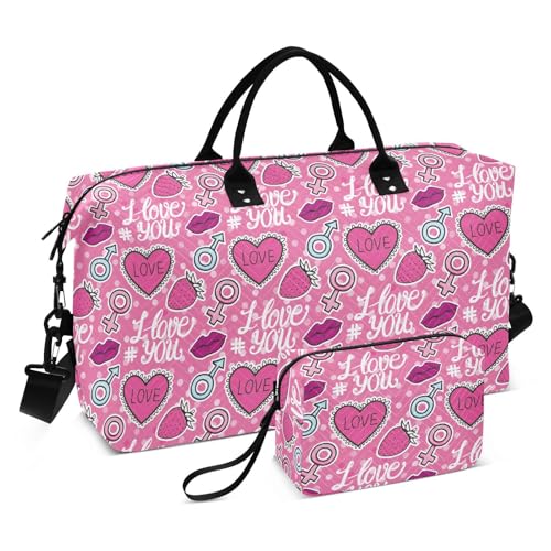 Übergroße Reisetasche, Valentinstagssymbol, für Damen und Herren, rosa Herzen, Wochenendtasche, Reisetasche, Turnbeutel mit, Valentinstagssymbol, männlich und weiblich, rosa Herzen, Set of 2, Art Deco von Yuiboo