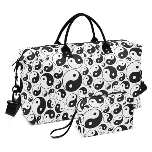 Yinyang Übergroße Reisetasche, Handgepäcktasche, Turnbeutel mit Kulturbeutel für Sport, Schwarz / Weiß, Schwarz / Weiß Yinyang, Set of 2, Art Deco von Yuiboo