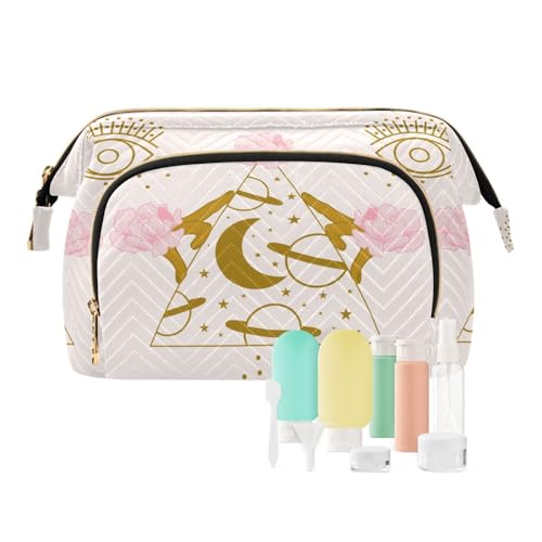 Yuiboo Goldene Hand rosa Blumen böse Augen Make-up-Tasche tragbare Reise-Make-up-Tasche Kosmetiktasche für Geldbörse für Reisezubehör, Goldene Hand, rosa Blumen, böse Blicke, 1 size, Art Deco von Yuiboo