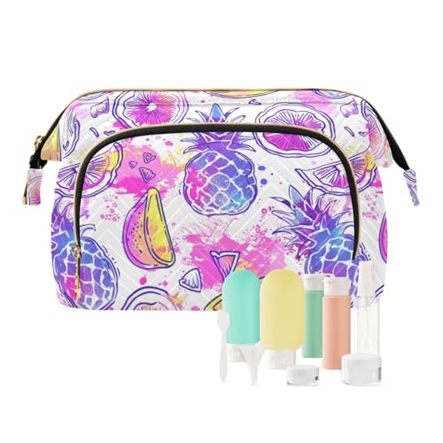 Yuiboo Kosmetiktasche mit Reißverschluss, Motiv: Früchte, Kritzeleien, Ananas, Zitronen, Violett, Rosa, Make-up-Tasche für Damen, Münzgeldbörse für Make-up-Pinsel, Früchte Kritzelei Ananas Zitronen von Yuiboo