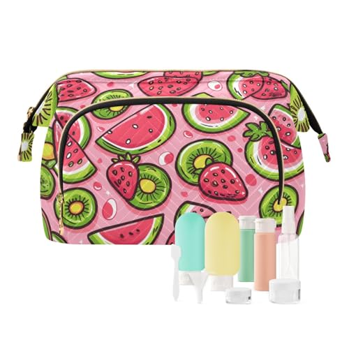 Yuiboo Kosmetiktasche mit niedlichem Wassermelonen-Motiv, Kiwis, Erdbeeren, Rosa, Reißverschluss, Reise-Kosmetiktasche, Damen-Kosmetiktasche, Münzbörse für Toilettenartikel, Reisen, Niedliche von Yuiboo