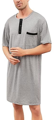 Yukiuiny Herren Nachthemd Baumwolle Langärmlig Pyjamaoberteil Leicht Lufitg Rundhals Jersey Schalfshirt für Zuhause Krankenhaus Grau,XXL von Yukiuiny