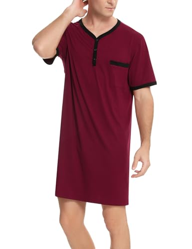 Herren Nachthemd Kurzarm Baumwolle Henley Kragen Jersey Pyjama Oberteil Leicht Luftig Sommer Sleepshirt für Krankenhaus Weinrot,M von Yukiuiny