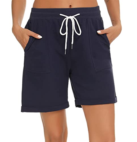 Yukiuiny Damen Bermuda Shorts 100% Baumwolle Sommer Sweatshorts Sportshorts mit Aufschlag Tasche Casual Locker Kurze Hose für Sport Freizeit Navyblau,XL von Yukiuiny