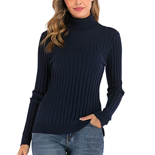 Yukiuiny Damen Rollkragenpullover Langarm Gerippt Strickpullover Elegant Tailliert Rolli Weich Warm Winterpulli,Navyblau,L von Yukiuiny