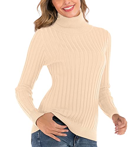 Yukiuiny Damen Strickpullover mit Rollkragen Langarm Pulli mit Rippen Elegant Kuschelig Stretch Rolli für Winter,Apricot,M von Yukiuiny