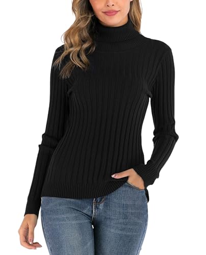 Yukiuiny Damen Strickpullover mit Rollkragen Langarm Pulli mit Rippen Elegant Kuschelig Stretch Rolli für Winter,Schwarz,XXL von Yukiuiny