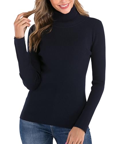 Yukiuiny Gerippt Strickpullover mit Rollkragen Elegant Langarm Feinstrick Pulli Weich Warm Rolli Sweater für Herbst Winter,Navy,XL von Yukiuiny