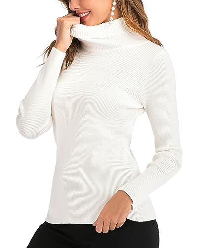 Yukiuiny Gerippt Strickpullover mit Rollkragen Elegant Langarm Feinstrick Pulli Weich Warm Rolli Sweater für Herbst Winter,Weiß,M von Yukiuiny