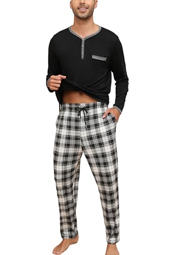 Yukiuiny Herren Lang Schlafanzug Baumwolle Pyjama Set Leicht Henley Langarm Shirt Lange Karierte Pyjamahose mit Tasche schwarz, M von Yukiuiny