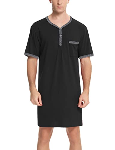 Yukiuiny Herren Nachthemd Kurzarm Baumwolle Jersey Pyjama Oberteil Leicht Luftig Sommer Sleepshirt für Krankenhaus Schwarz,4XL von Yukiuiny