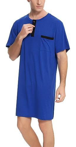 Yukiuiny Herren Nachthemd Langarm Baumwolle Rundhals Oversized Schlafshirt Luftig Knielang Pyjamaoberteil für Zuhause Krankenhaus Blau,XXL von Yukiuiny