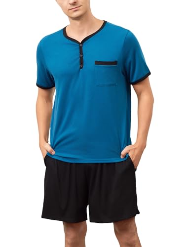 Yukiuiny Herren Schlafanzug Kurz Baumwolle Pyjamaset Weiche Nachtwäsche Kurzarm Henley Shirt+ Gummizug Shorts blau, M von Yukiuiny