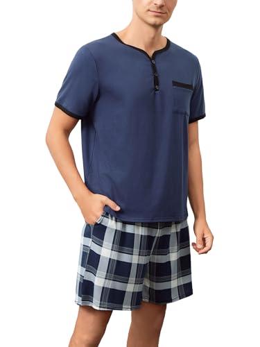 Yukiuiny Herren Schlafanzug Kurz Baumwolle Pyjamaset Weiche Nachtwäsche Kurzarm Henley Shirt+Karierte Shorts dunkelblau, L von Yukiuiny