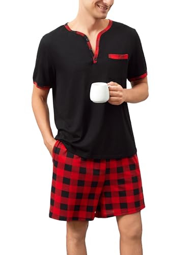 Yukiuiny Herren Schlafanzug Kurz Baumwolle Pyjamaset Weiche Nachtwäsche Kurzarm Henley Shirt+Karierte Shorts schwarz+rot, L von Yukiuiny