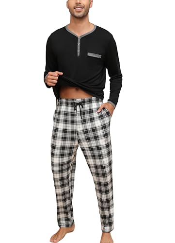 Yukiuiny Herren Schlafanzug Lang Baumwolle Pyjama Set Zweiteiliger Nachtwäsche Langarm Shirt mit Knopfleiste Karierte Hose schwarz, L von Yukiuiny