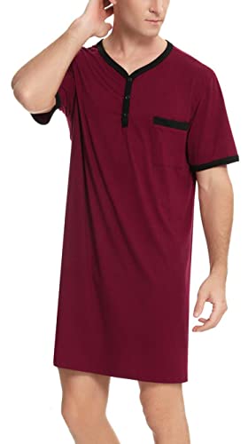 Yukiuiny Nachthemd Herren Kurzarm Baumwolle V Ausschnitt Jersey Schlafanzugoberteil mit Knopfleiste Leicht Luftig Schlafshirt Weinrot,XL von Yukiuiny