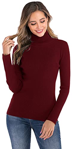 Yukiuiny Rollkragenpullover Elegant Langarm Strickpulli mit Feiner Rippen Kuscheliger Stretch Rolli Sweatshirt für Winter,Weinrot,L von Yukiuiny