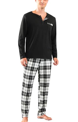 Yukiuiny Schlafanzug Herren Lang Baumwolle Pyjama Set Langarm V Ausschnitt Schlafshirt + Rot Karierte Pyjamahose schwarz, XL von Yukiuiny