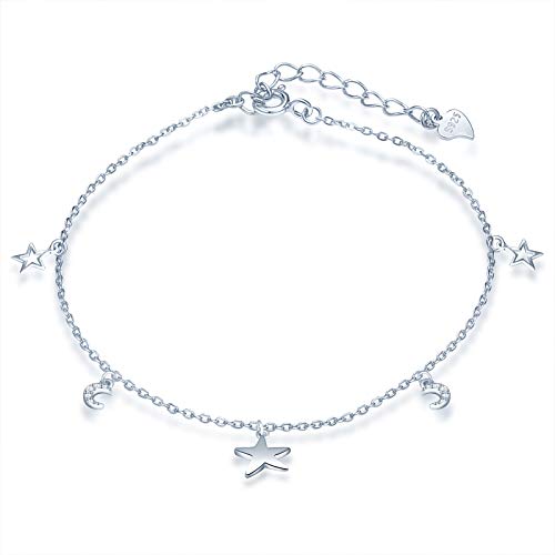 Yumilok Damen Fußkettchen mit Stern & Mond Anhänger 925 Sterling Silber Fußkette Strand Sandale Barfuß verstellbares für Mädchen mit Verschluss von Yumilok