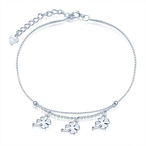 Yumilok Damen Fußkettchen mit Vierblättriges Kleeblatt Anhänger Doppelkette 925 Sterling Silber Fußkette Strand Sandale Barfuß für Mädchen mit Verschluss von Yumilok