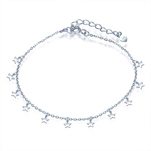 Yumilok Damen Fußkettchen mit klein Stern Sternchen Anhänger 925 Sterling Silber Fußkette Strand Sandale Barfuß verstellbares für Mädchen mit Verschluss von Yumilok