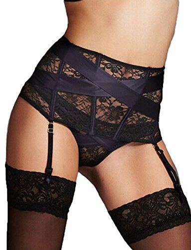 Yummy Bee Hoch Taillierter Strapsgürtel Spitze Dessous Set Tanga Größe 36-50 (Schwarz, 50) von Yummy Bee