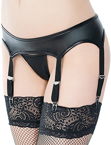 Yummy Bee Schmaler Strapsgürtel Kunstleder Metallklipse Dessous Set Reizwäsche Schwarz Größe 36-54 (38) von Yummy Bee