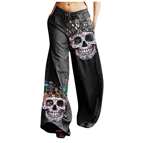 YunYoud Haremshose Damen Lockere Totenkopf Drucken Sommerhose 7/8 Freizeithose Boho Pumphose Elastischer Bund Jogginghose mit Weitem Bein Halloween Hosen Herbst Hose Yogahose von YunYoud