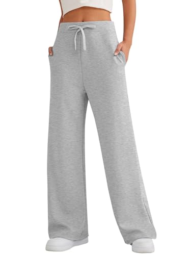 Yunmlep Jogginghose Damen Baumwolle Freizeithose High Waist Trainingshose Sporthose Lang Bequem Hose Weites Bein mit Taschen (Hellgrau, L) von Yunmlep