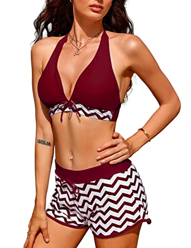 Damen Bikini Sets Neckholder Oberteil Bandeau Bademode Push up Bikinis Bade Sexy Badeanzug Tanga Bikinis Swimsuit Frauen Zweiteilige Wellenmuster der Schwarzen und Weißen Streifen(Burgunderrot, S) von Yuson Girl