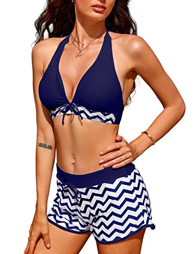 Damen Bikini Sets Neckholder Oberteil Bandeau Bademode Push up Bikinis Bade Sexy Badeanzug Tanga Bikinis Swimsuit Frauen Zweiteilige Wellenmuster der Schwarzen und Weißen Streifen(Marineblau, XXL) von Yuson Girl