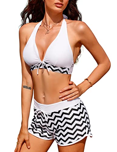 Damen Bikini Sets Neckholder Oberteil Bandeau Bademode Push up Bikinis Bade Sexy Badeanzug Tanga Bikinis Swimsuit Frauen Zweiteilige Wellenmuster der Schwarzen und Weißen Streifen(Weiß, XL) von Yuson Girl